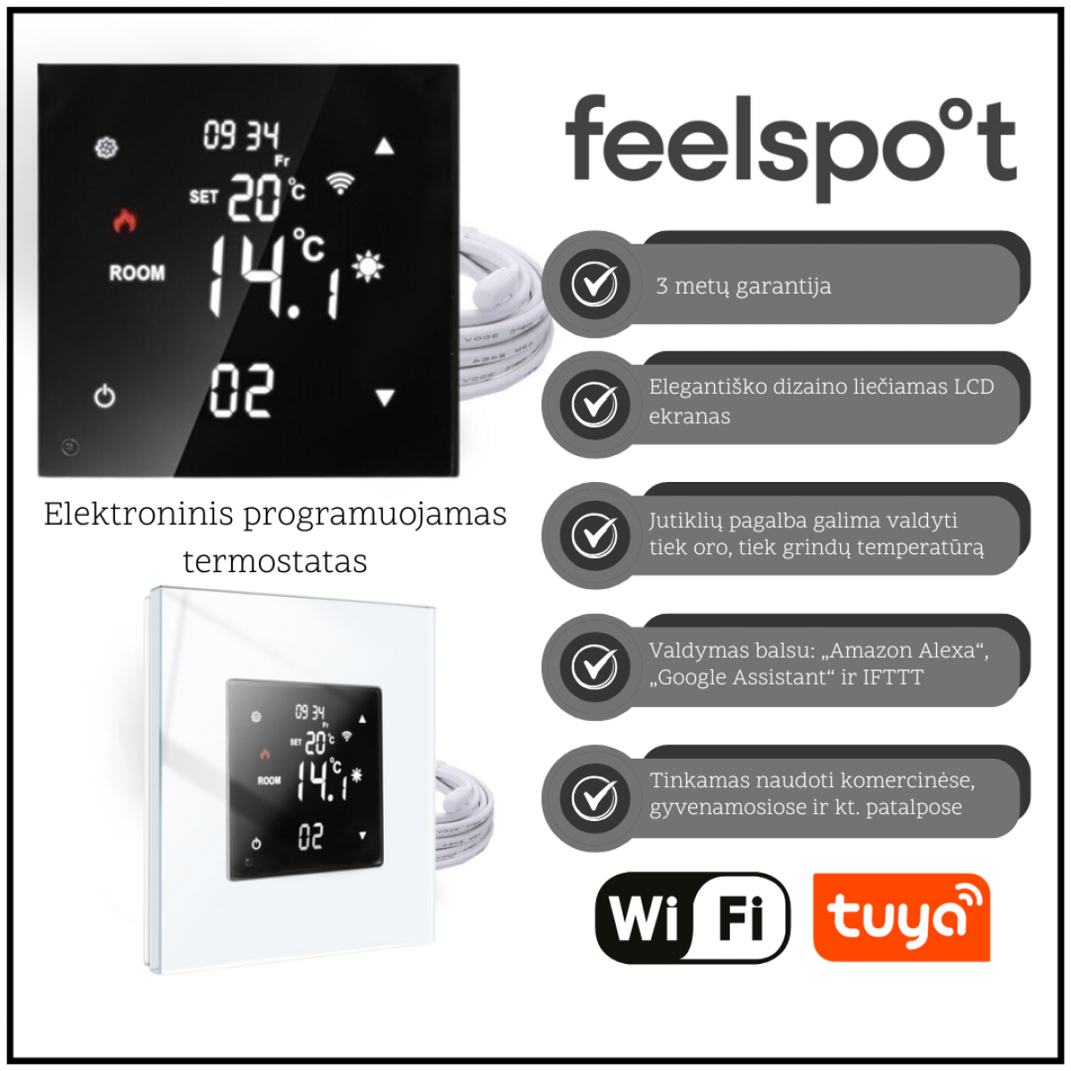Elektroninis programuojamas termostatas be rėmelio Feelspot FSSWT16, Tuya Elektroninis programuojamas termostatas be rėmelio Feelspot FSSWT16, Tuya